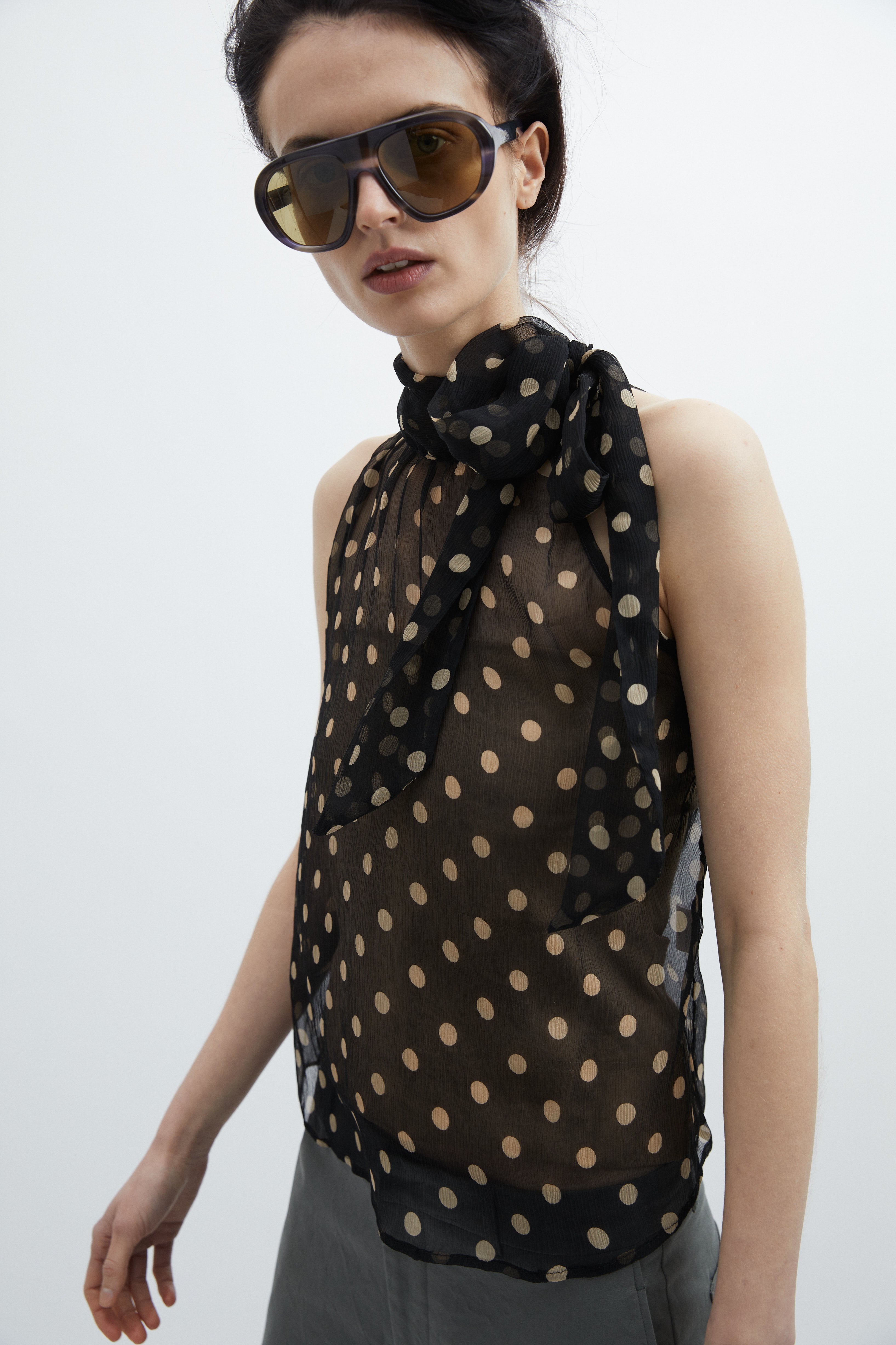 Adele top in Black dot silk
